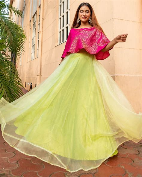 Rani pink and lime green floral jaal off shoulder flared dress by The ...