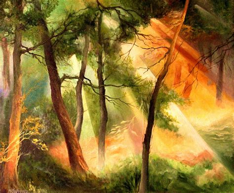 Light In The Forest Painting by Mikhail Savchenko