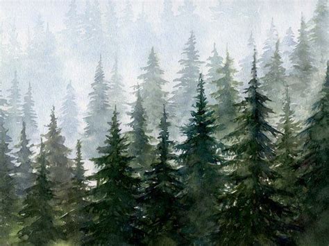 Misty Forest Printable Wall Art, Watercolor Evergreen Trees Painting ...