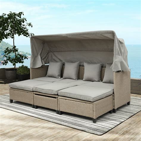 Patio Furniture Sofa Set, 4 Piece Outdoor Wicker Daybed with Canopy, Lifting Table, UV-Proof PE ...