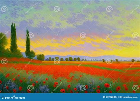 Poppy Field at Sunset - an Impressionist Painting. Generative AI Stock ...