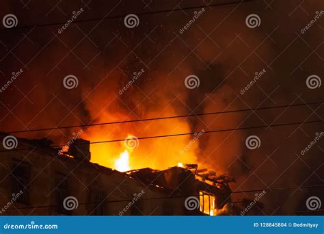 Burning Building at Night, Roof of House in Fire Flames Stock Photo - Image of firemen, home ...