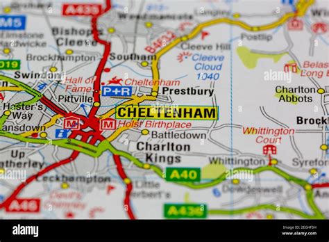 Cheltenham and surrounding areas shown on a road map or geography map ...