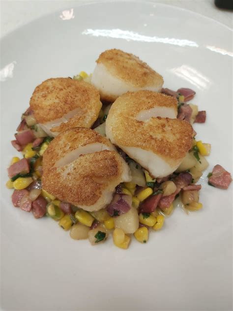 Cornmeal-crusted scallops, with a hash of sweet corn, country ham and ...