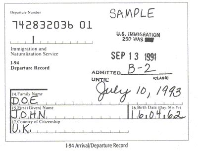 I-94 Card: Arrival-Departure Record for Nonimmigrant Visitors