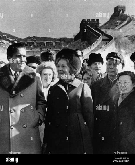 Nixon Presidency. US President Richard Nixon visits the Great Wall of China with First Lady ...