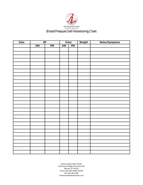 Blood Pressure Self-monitoring Chart Template - Intermountain Heart Center Download Printable ...