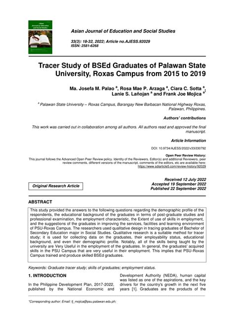 (PDF) Tracer Study of BSEd Graduates of Palawan State University, Roxas ...