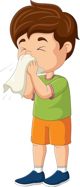 Premium Vector | Cute little boy sneezing with blowing nose into tissue ...