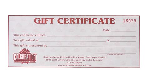 Gift Certificate | Celebration Restaurant