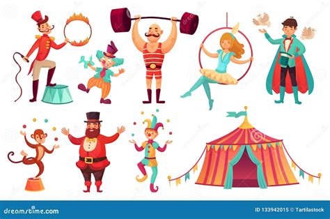 Circus Characters. Juggling Animals, Juggler Artist Clown and Strongman Performer. Cartoon ...