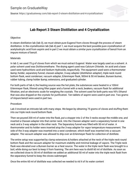 ⇉Lab Report 3 Steam Distillation and 4 Crystallization Essay Example ...