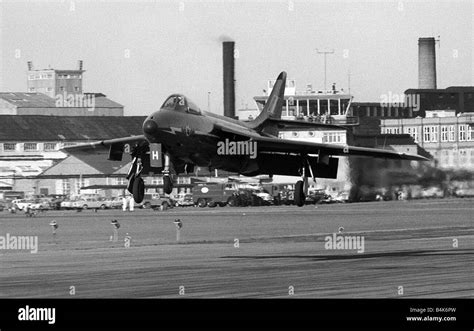 Aircraft Hawker Hunter of the RAF Blue Diamonds Sept 1962 aerobatic team landing after a display ...