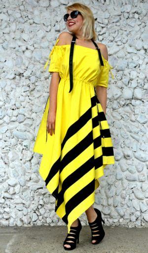 Lemon Yellow Dress, Cotton Lemon Yellow Dress with Black Stripes TDK247 - TEYXO