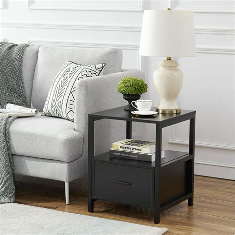 VECELO Modern End Table with 1 Drawer and Shelf Black Nightstand Accent Table for Living Room ...