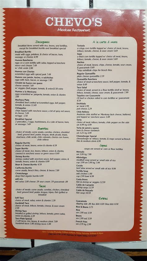 Menu at Chevo's Mexican Restaurant Inc, Apple Valley