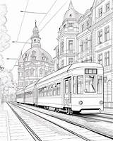 Premium Photo  City Tram And Buildings Adult Coloring Page sketch template