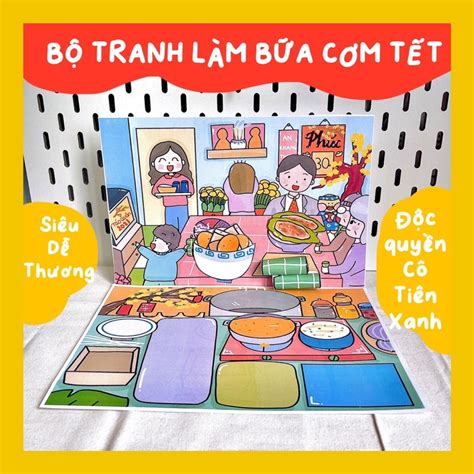 BỘ TRANH CẮT DÁN “BỮA CƠM TẾT” Đồ chơi giấy Cô Tiên Xanh