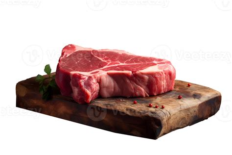 Raw meat placed on a rustic wooden surface, with a transparent background, highlighting the ...