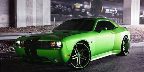 Custom rims on a lime green Dodge Challenger SRT. As cool as the other ...