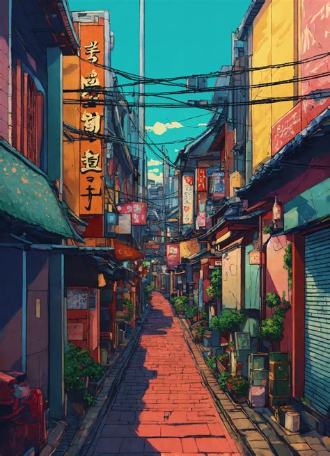 Lexica - A pop art illustration of a Tokyo alley medieval 8k quality.