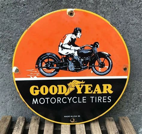 VINTAGE GOODYEAR MOTORCYCLE TIRES PORCELAIN SIGN "MADE USA 36" HARLEY ...