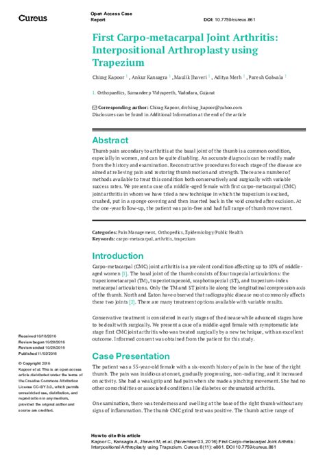 (PDF) First Carpo-metacarpal Joint Arthritis: Interpositional Arthroplasty using Trapezium ...