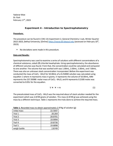 Spectrophotometry Lab Report (updated) - Yadanar Moe Dr. Park February 17th, 2023 Experiment 4 ...