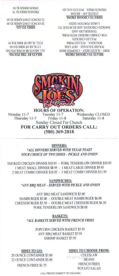 Menu of Smokin' Joe's BBQ & RV Park in Davis, OK 73030