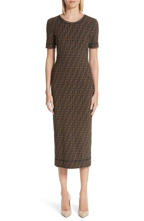 Fendi Logo Mesh Midi Sheath Dress in Brown - Lyst