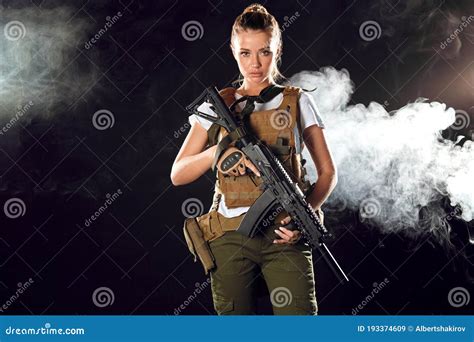 Woman in Army Pros and Cons.Beautiful Woman in Military Ammunition and Weapon. Stock Image ...