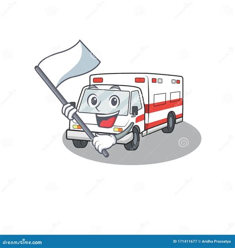 Funny Ambulance Cartoon Character Style Holding a Standing Flag Stock ...