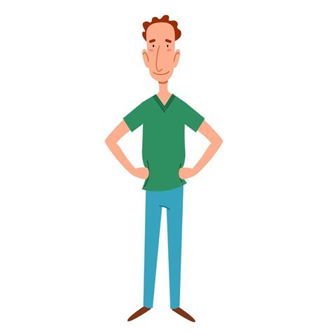 a thin, red-haired man with his hands on his waist. Vector illustration in a flat cartoon style ...