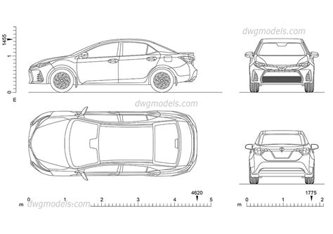 Toyota Corolla CAD drawings download, car top view, rear, front, side