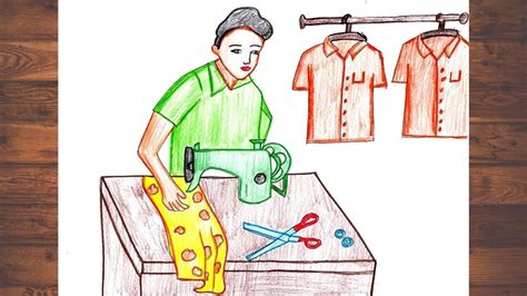 How to draw the tailor scene sewing clothes easy step by step\\Tailor ...