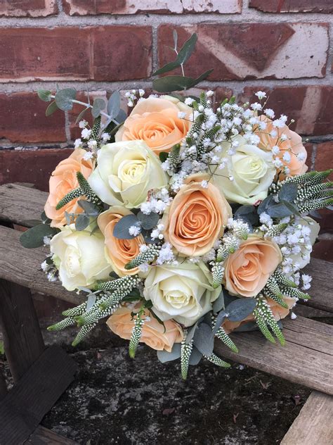 Hand tied bouquet of peach avalanche roses, avalanche roses, white ...