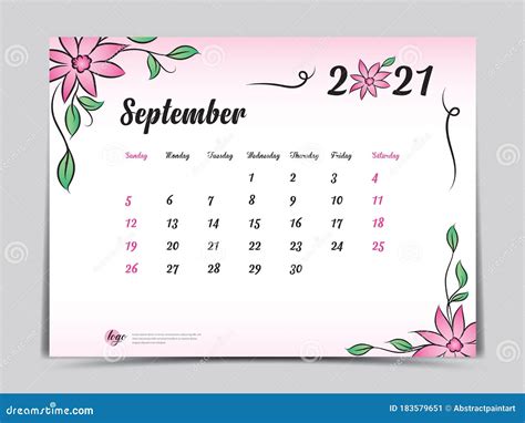 Calendar 2021 Template Pink Flower Concept Creative Design, September 2021 Month, Simple Desk ...