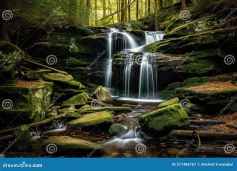 Refreshing Waterfall in Lush Forest Stock Illustration - Illustration ...