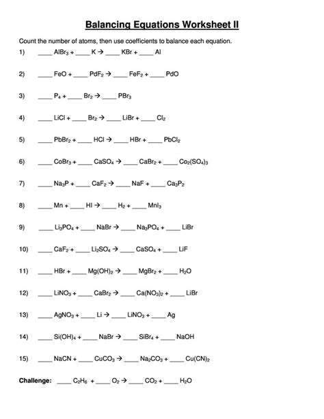 Balancing Chemical Equation Worksheets