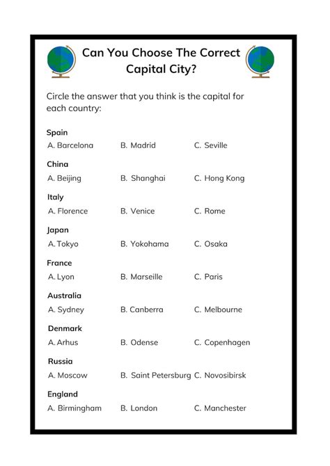 Capital Cities Worksheet Printable Geography Activity Quiz - Etsy Singapore