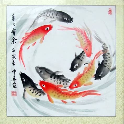 Chinese Koi Fish Painting 0 2383004, 66cm x 66cm(26〃 x 26〃)