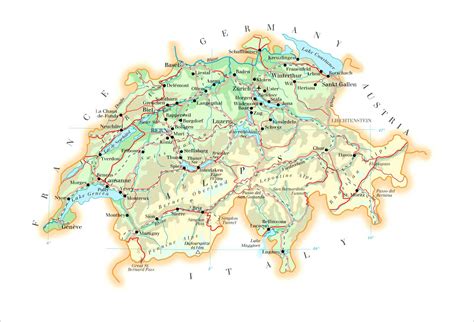 Large detailed physical map of Switzerland with roads, cities and airports | Vidiani.com | Maps ...