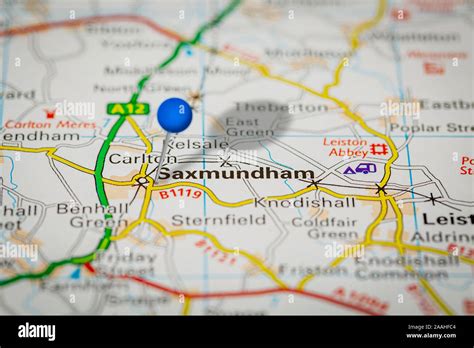 Blue Map Pin on Paper Map Showing Saxmundham Stock Photo - Alamy