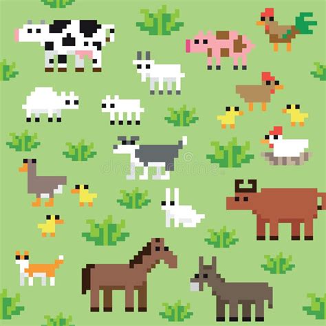 Seamless Retro Pixel Farm Animals Pattern Stock Vector - Illustration of mule, bunny: 41726114