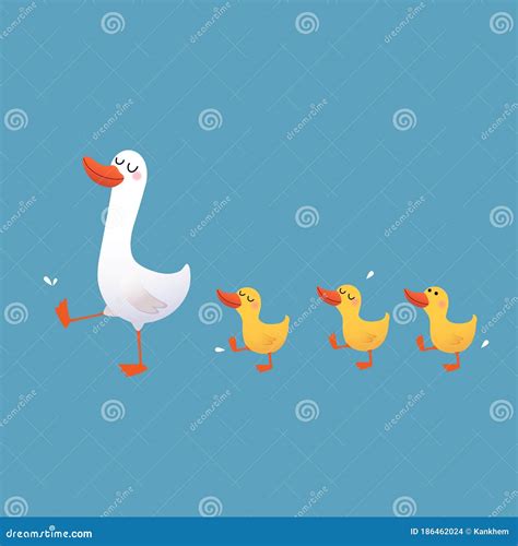 A Cartoon Mother Duck and Her Ducklings Walking on Blue Background ...