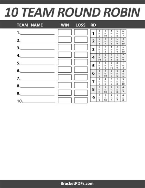 10 Team Round Robin - Printable Schedule