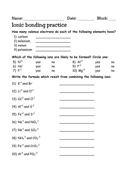 Chemical Bonds Ionic Bonds Worksheet - Zipworksheet.com