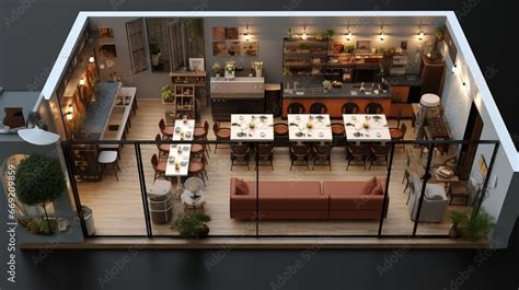 floor plan 3d design for small cafe with visible window seats Stock ...