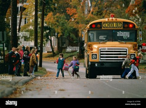 Children at school bus stop Stock Photo - Alamy