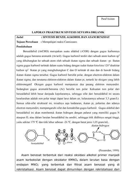 Sintesis benzil alkohol dan asam benzoat - LAPORAN PRAKTIKUM SINTESIS SENYAWA ORGANIK Judul ...